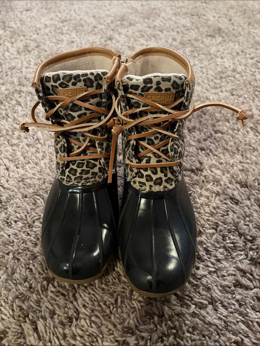 Sperry Black Rubber & Leopard-Print Girls Duck Boots - Size 2M Big Kids